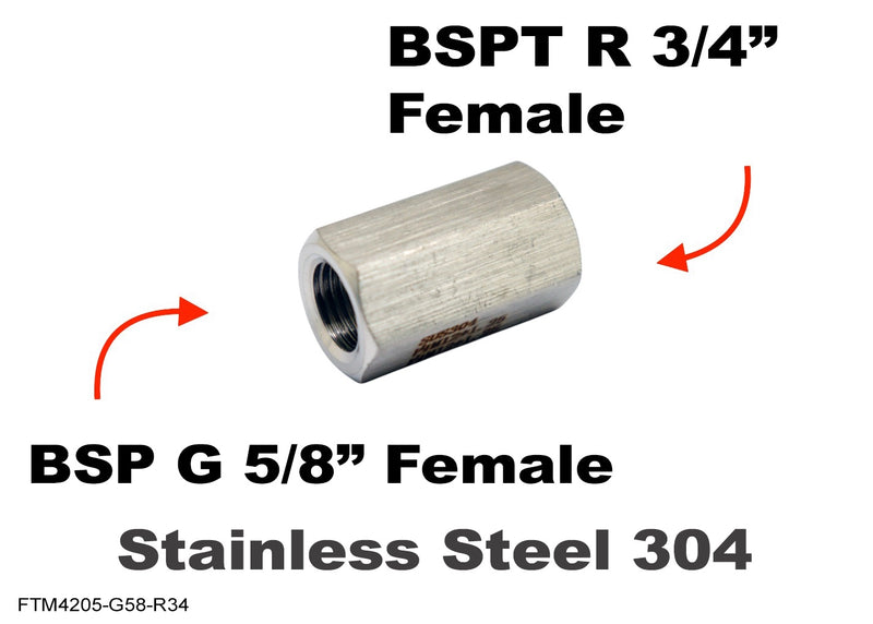 BSP G 5/8 inch FEMALE to BSPT Tapered R 3/4 inch FEMALE Stainless Sensor Adaptor Fitting