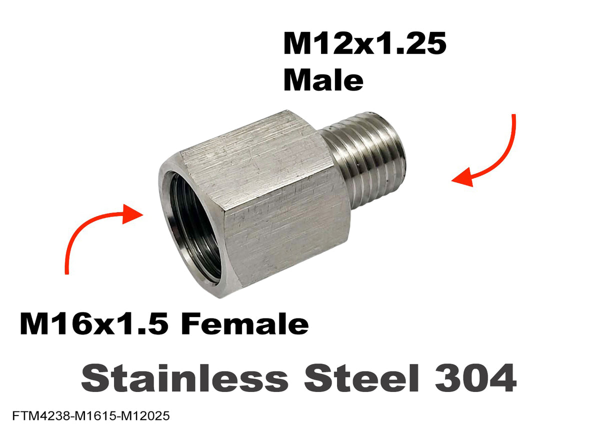 Stainless steel M16x1.5 female to M12x1.25 male sensor adaptor fitting for conversion, shown in close-up detail.