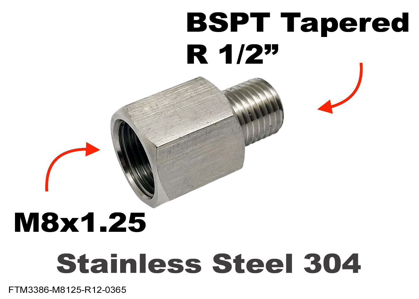 M8x1.25 Female to BSPT Tapered R 1/2 inch Male Stainless Sensor Adaptor Fittings
