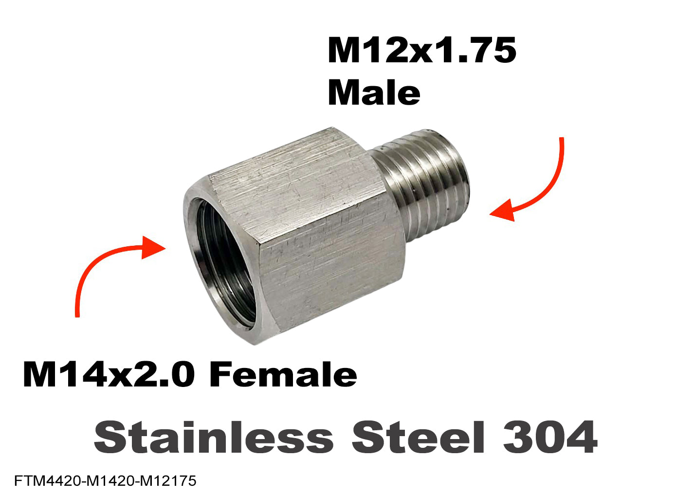 M14x2.0 FEMALE to M12x1.75 MALE Stainless Sensor Adaptor Fittings Conversion
