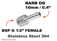 BSP G 1/2 inch FEMALE to BARB OD 10mm / 0.4 inch Stainless Tail Adaptor Hose Connector