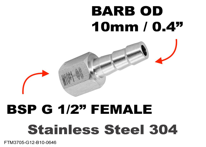 BSP G 1/2 inch FEMALE to BARB OD 10mm / 0.4 inch Stainless Tail Adaptor Hose Connector