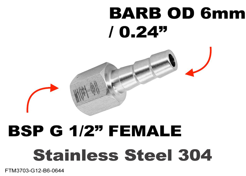 BSP G 1/2 inch FEMALE to BARB OD 6mm / 0.24 inch Stainless Tail Adaptor Hose Connector