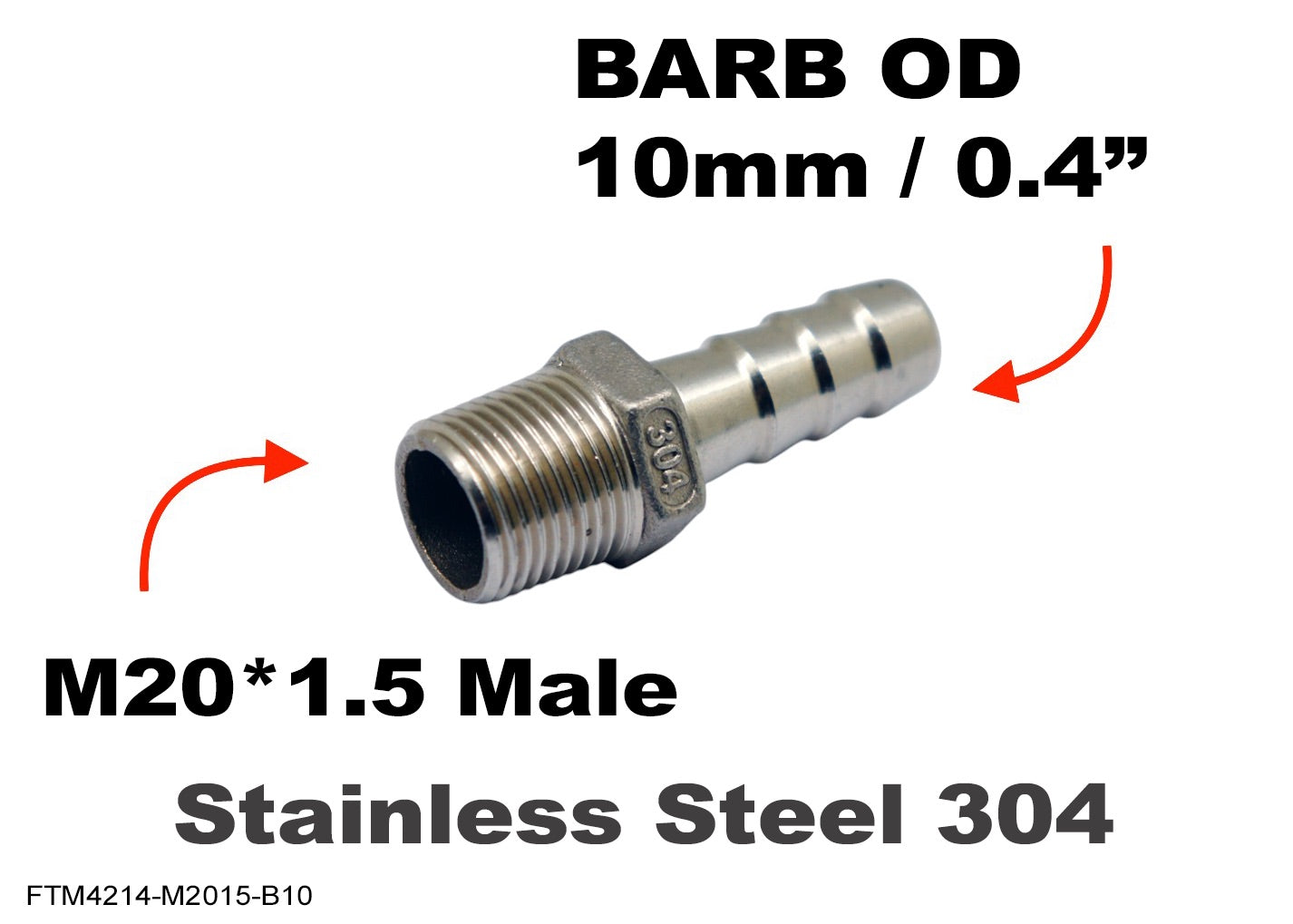 M20*1.5 MALE to BARB OD 10mm / 0.4 inch  Stainless Tail Adaptor Hose