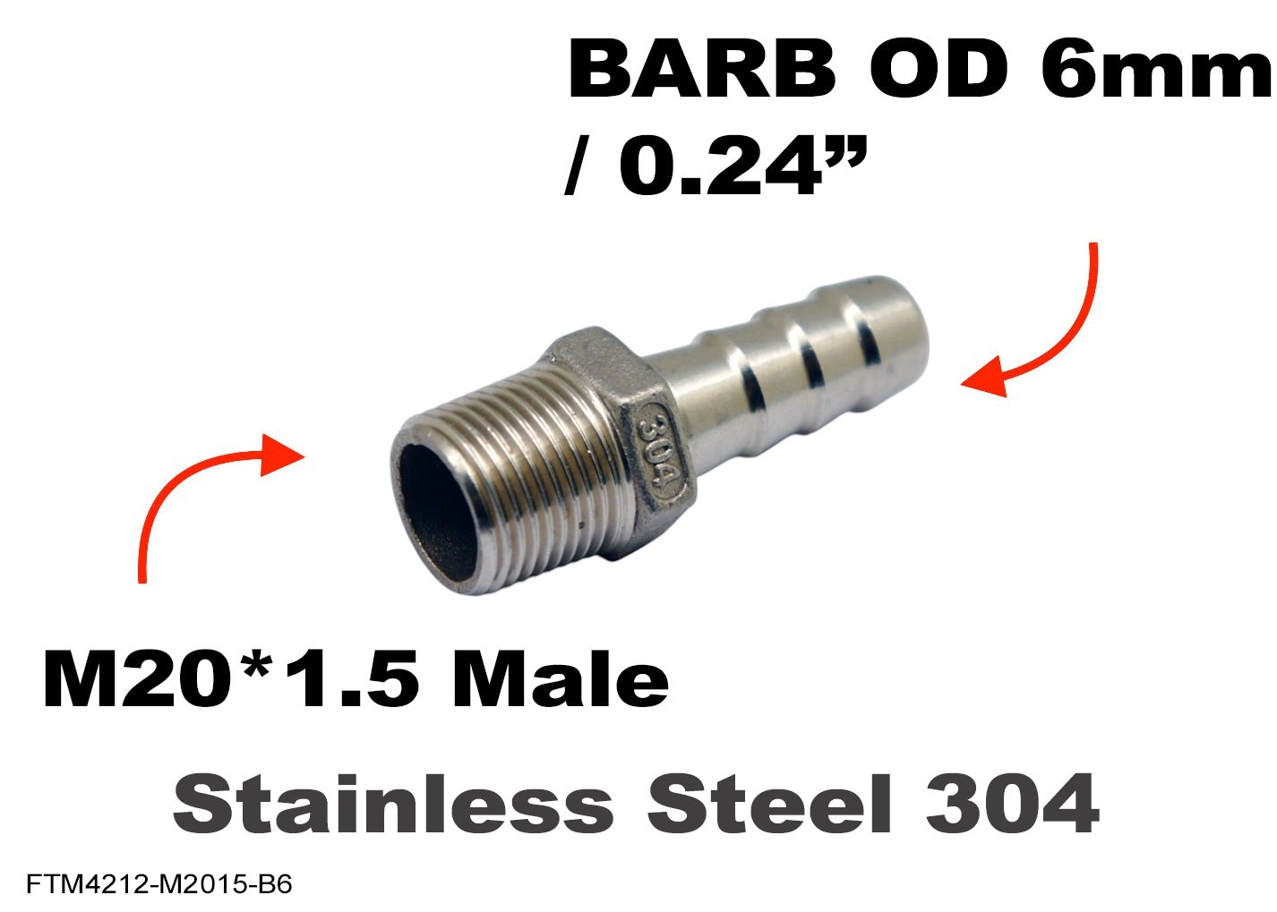 M20*1.5 MALE to BARB OD 6mm / 0.24 inch  Stainless Tail Adaptor Hose