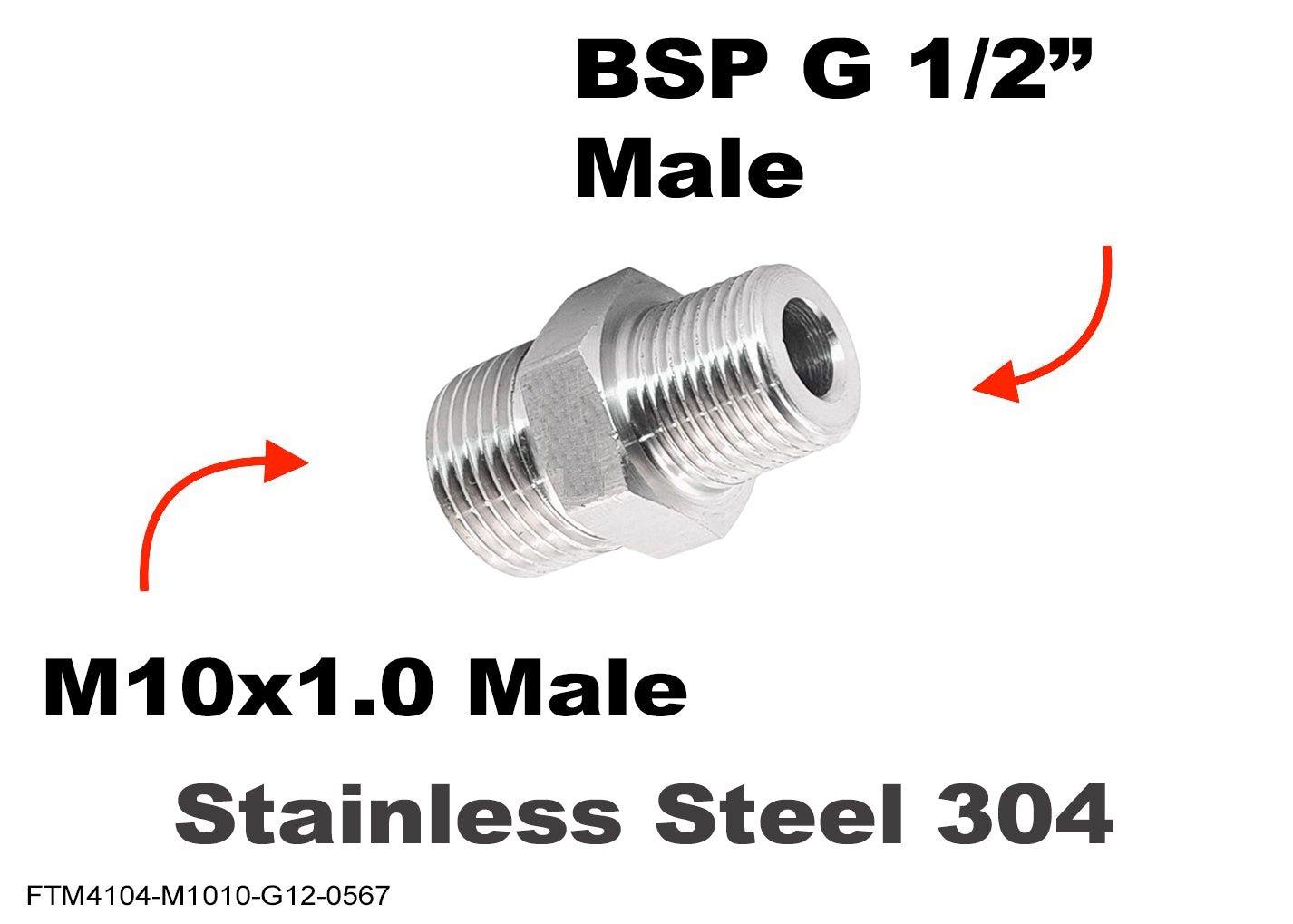 M10x1.0 Male to BSP G 1/2 inch Male Stainless Sensor Adaptor
