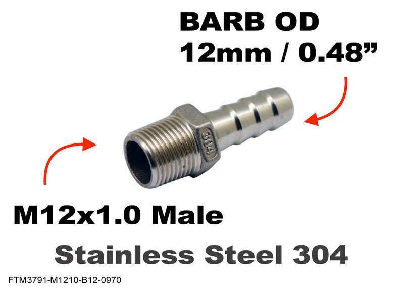 M12x1.0 Male to BARB OD 12mm / 0.48 inch Stainless Tail Adaptor Hose Connector