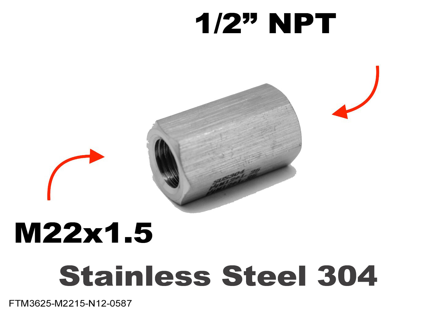 M22x1.5 Female to 1/2 inch NPT Female Stainless Sensor Adaptor Fittings Conversion