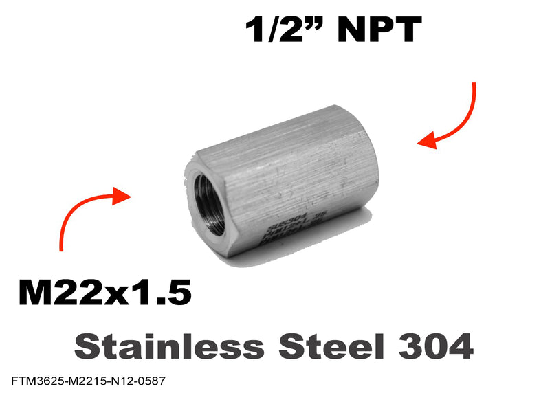 M22x1.5 Female to 1/2 inch NPT Female Stainless Sensor Adaptor Fittings Conversion