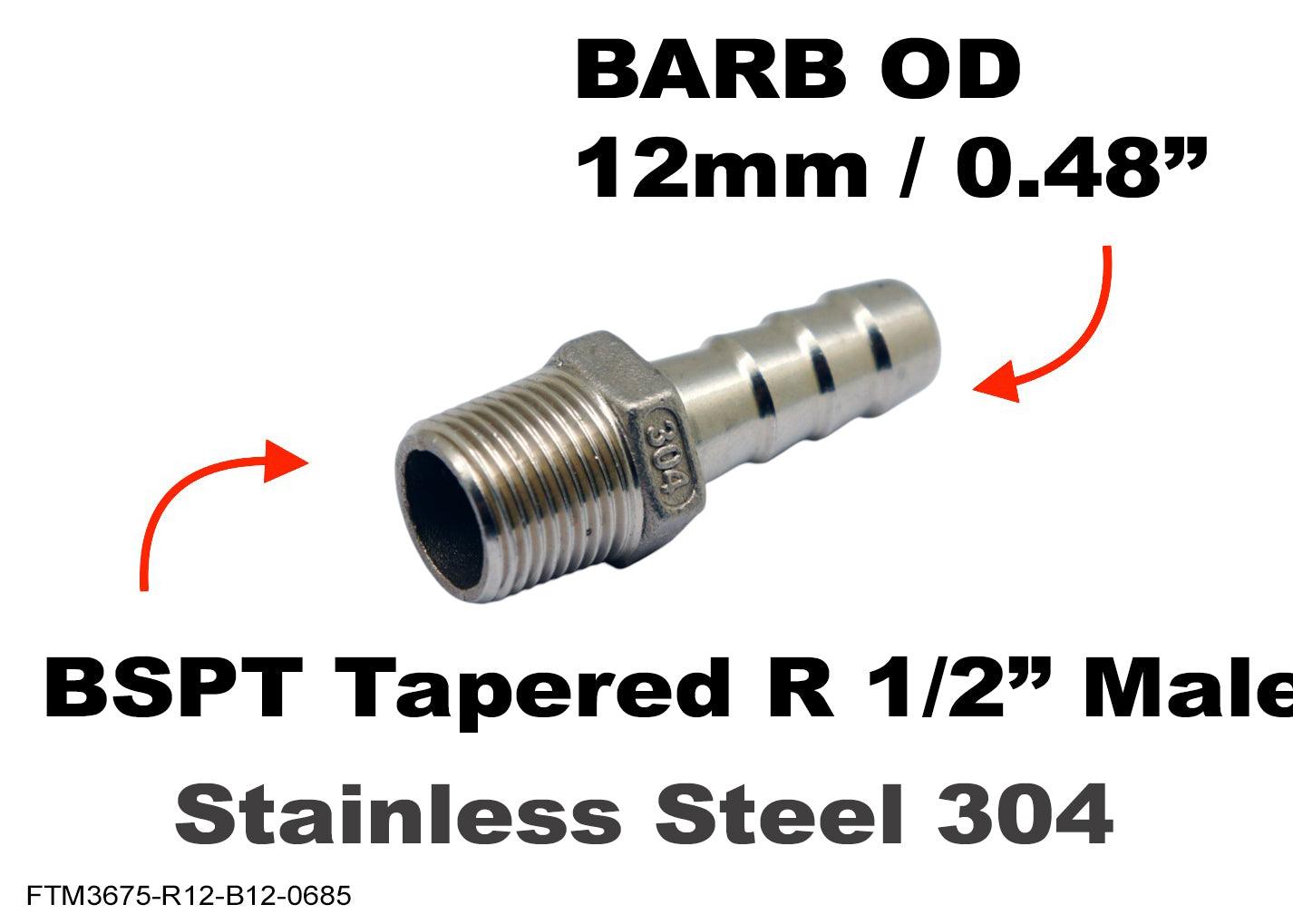 BSPT Tapered R 1/2 inch Male to BARB OD 12mm / 0.48 inch Stainless Tail Adaptor Hose