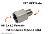 M12x1.0 FEMALE to 1/2 inch NPT MALE Stainless Sensor Adaptor Fittings Conversion