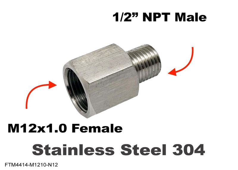 M12x1.0 FEMALE to 1/2 inch NPT MALE Stainless Sensor Adaptor Fittings Conversion