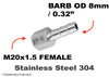 M20x1.5 FEMALE to BARB OD 8mm / 0.32 inch Stainless Tail Adaptor Hose Connector