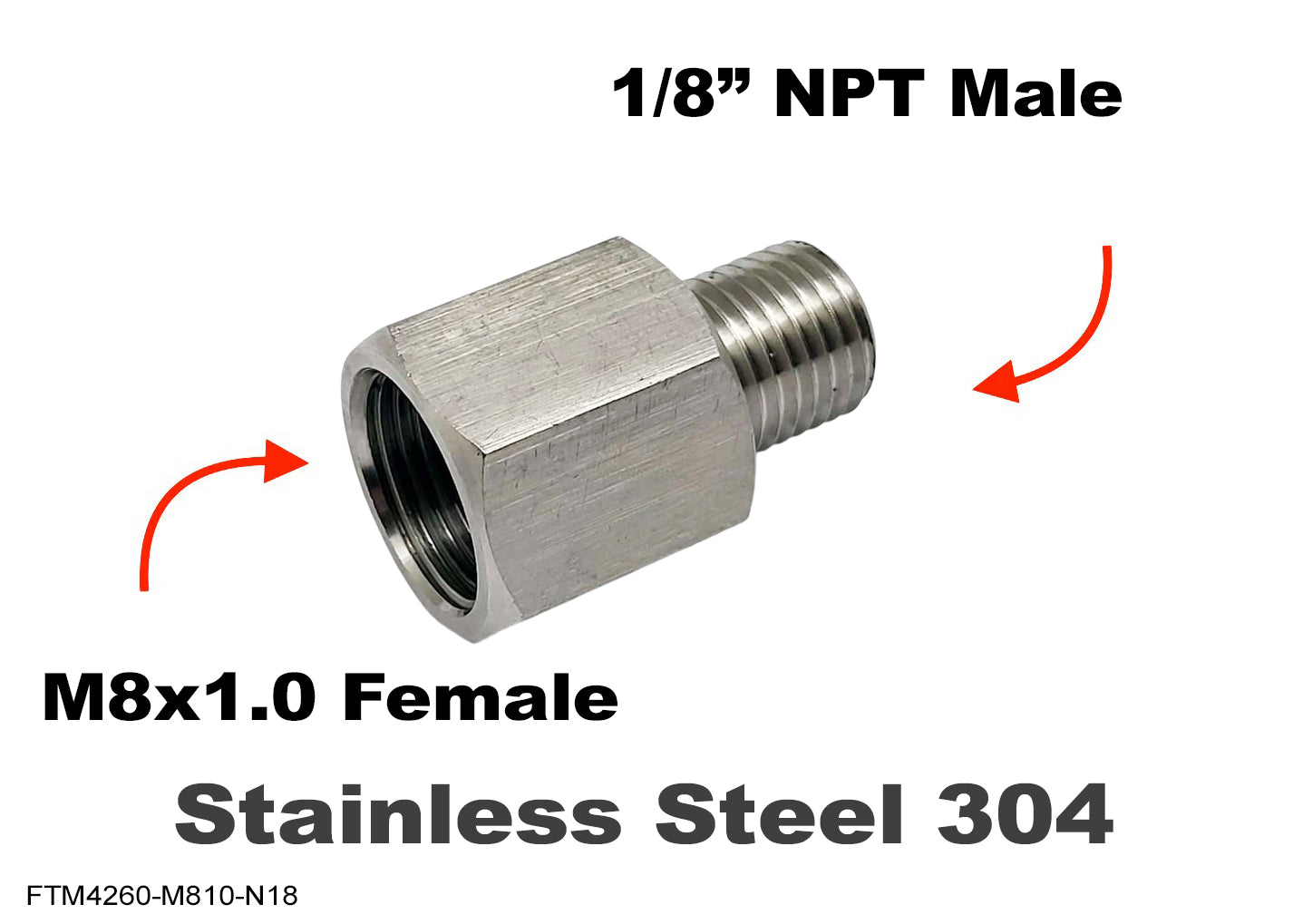 M8x1.0 Female to 1/8 inch NPT Male Stainless Sensor Adaptor
