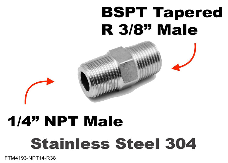 1/4 inch NPT MALE to BSPT Tapered R 3/8 inch MALE Stainless Sensor Adaptor Fittings