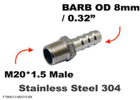 M20*1.5 MALE to BARB OD 8mm / 0.32 inch  Stainless Tail Adaptor Hose