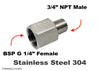 BSP G 1/4 inch FEMALE to 3/4 inch NPT MALE Stainless Sensor Adaptor Fittings Conversion