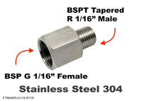 BSP G 1/16 inch FEMALE to BSP R MALE Stainless Sensor Adaptor Fittings Conversion