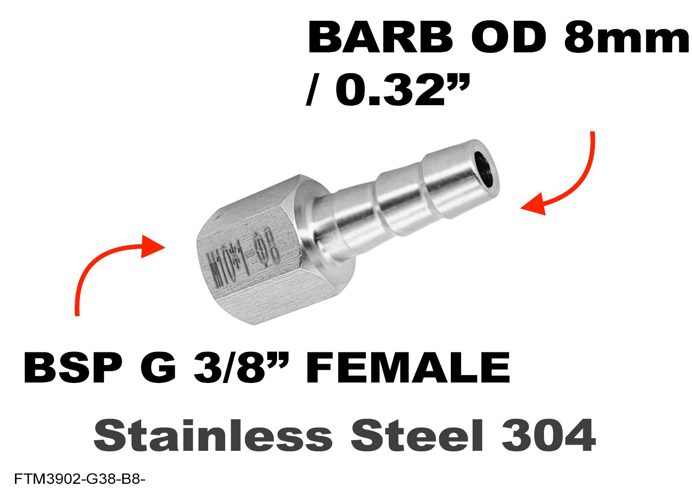 BSP G 3/8 inch FEMALE to BARB OD 8mm / 0.32 inch Stainless Tail Adaptor Hose Connector