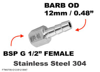 BSP G 1/2 inch FEMALE to BARB OD 12mm / 0.48 inch Stainless Tail Adaptor Hose Connector