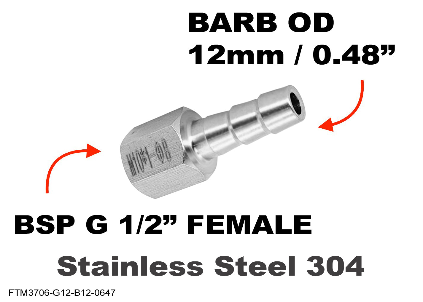 BSP G 1/2 inch FEMALE to BARB OD 12mm / 0.48 inch Stainless Tail Adaptor Hose Connector