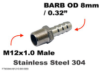 M12x1.0 Male to BARB OD 8mm / 0.32 inch Stainless Tail Adaptor Hose Connector