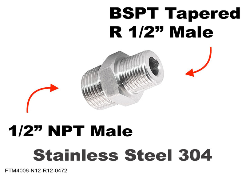 1/2 inch NPT Male to BSPT Tapered R 1/2 inch Stainless Sensor Adaptor Fitting Conversion