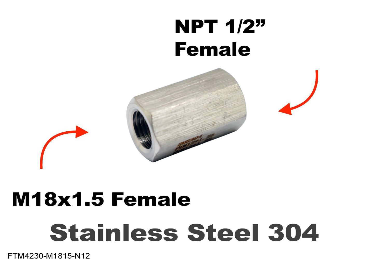 M18x1.5 Female to NPT 1/2 inch Female Stainless Sensor Adaptor Fittings Conversion