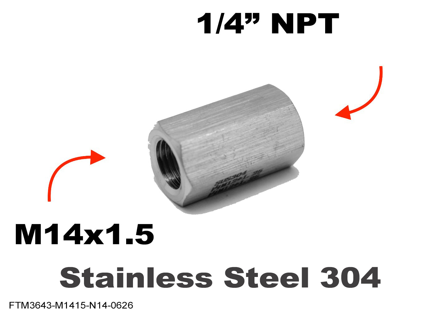 M14x1.5 Female to 1/4 inch NPT Female Stainless Sensor Adaptor