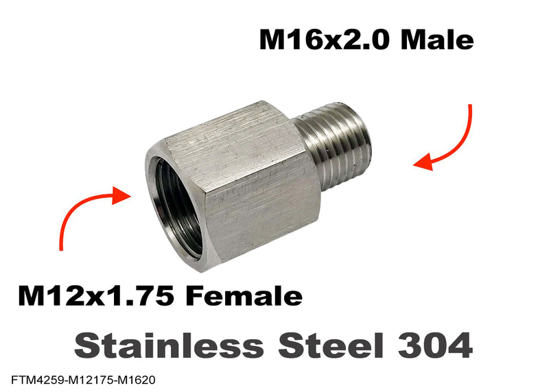 M12x1.75 Female to M16x2.0 Male Stainless Sensor Adaptor Fittings Conversion