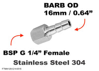BSP G 1/4 inch FEMALE to BARB OD 16mm / 0.64 inch  Stainless Tail Adaptor Hose