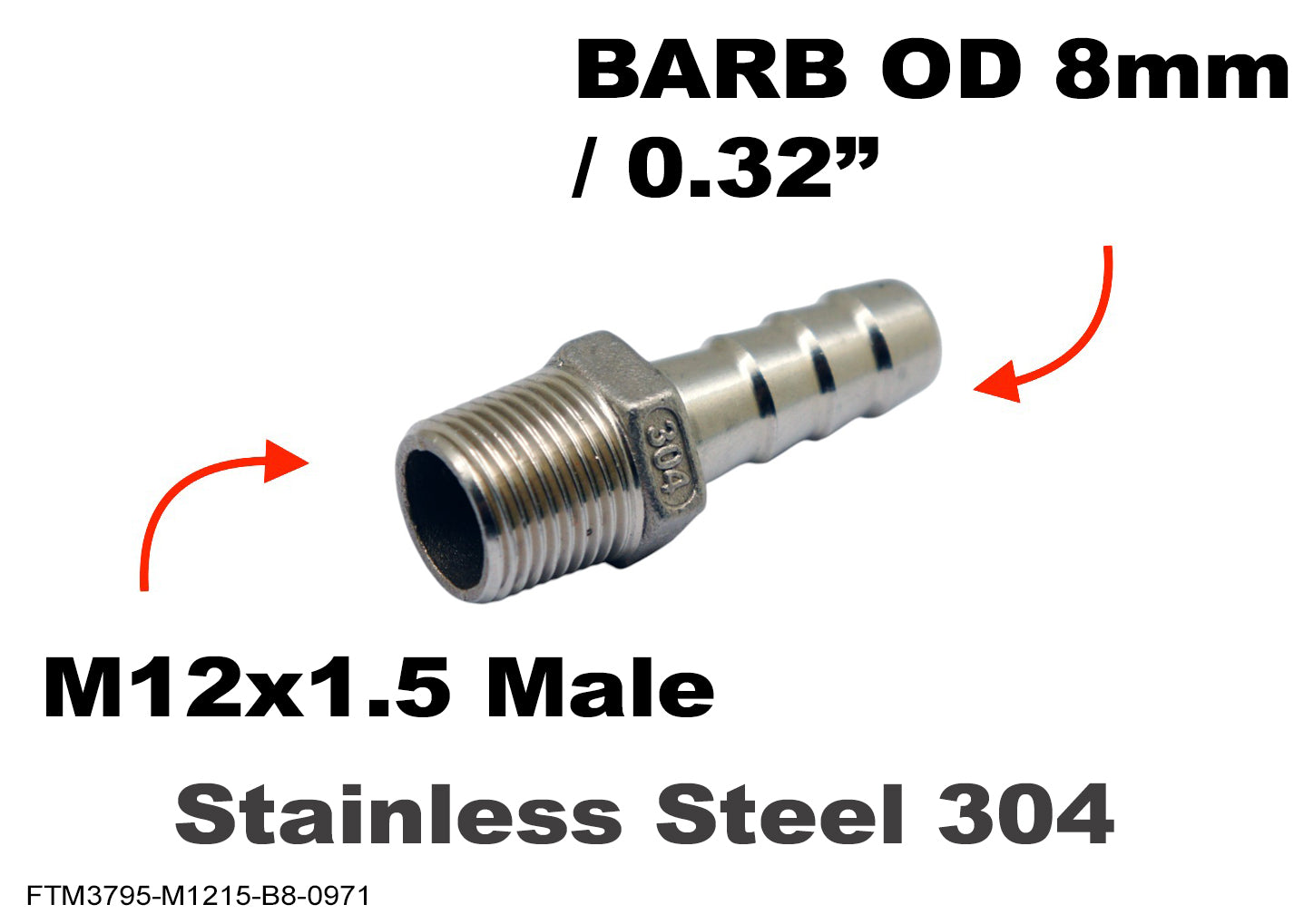 M12x1.5 Male to BARB OD 8mm / 0.32 inch Stainless Tail Adaptor Hose Connector