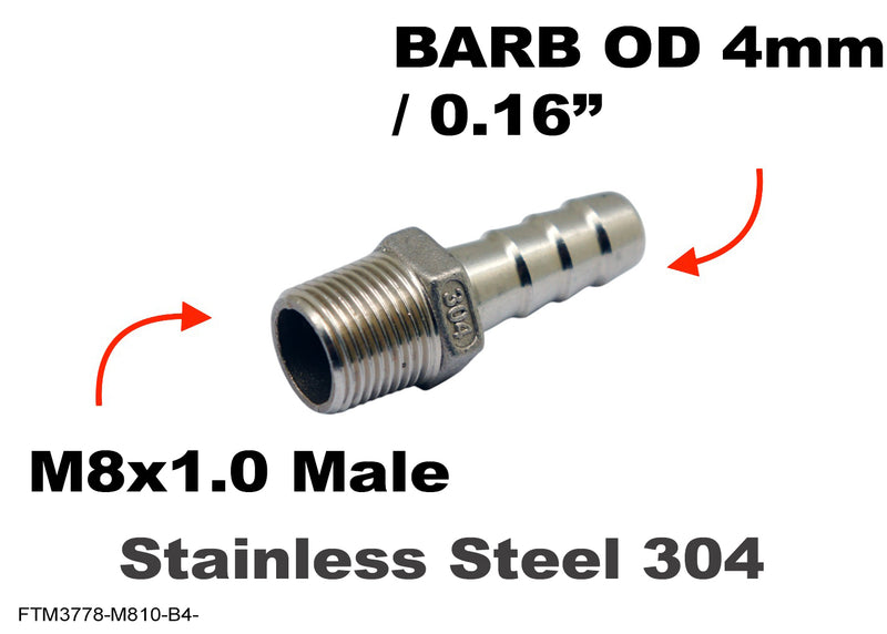 M8x1.0 Male to BARB OD 4mm / 0.16 inch Stainless Tail Adaptor Hose Connector