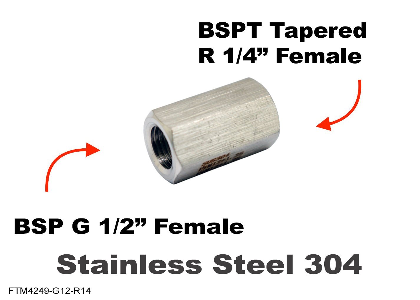 BSP G 1/2 inch Female to BSPT Tapered R 1/4 inch Female Stainless Sensor Adaptor Fitting