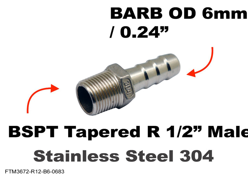 BSPT Tapered R 1/2 inch Male to BARB OD 6mm / 0.24 inch Stainless Tail Adaptor Hose