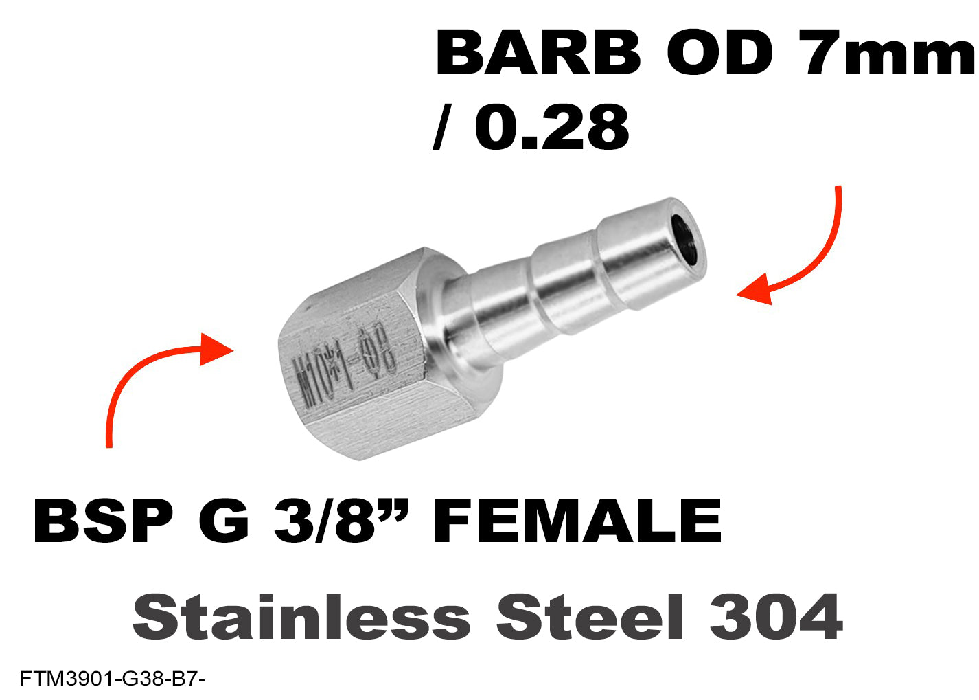 BSP G 3/8 inch FEMALE to BARB OD 7mm / 0.28 Stainless Tail Adaptor