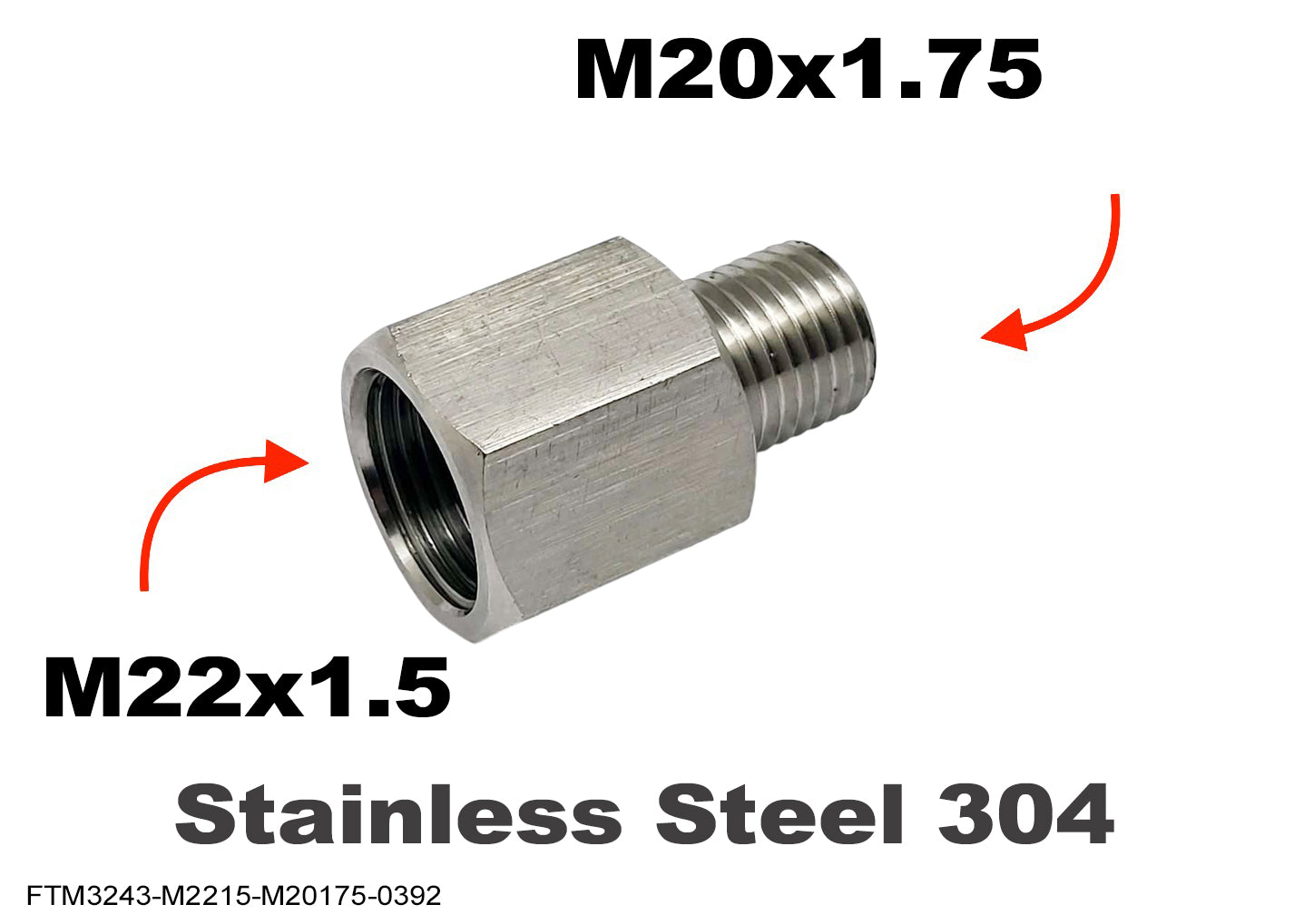 M22x1.5 Female to M20x1.75 Male Stainless Sensor Adaptor Fittings Conversion