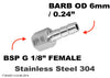 BSP G 1/8 inch FEMALE to BARB OD 6mm / 0.24 inch Stainless Tail Adaptor Hose Connector