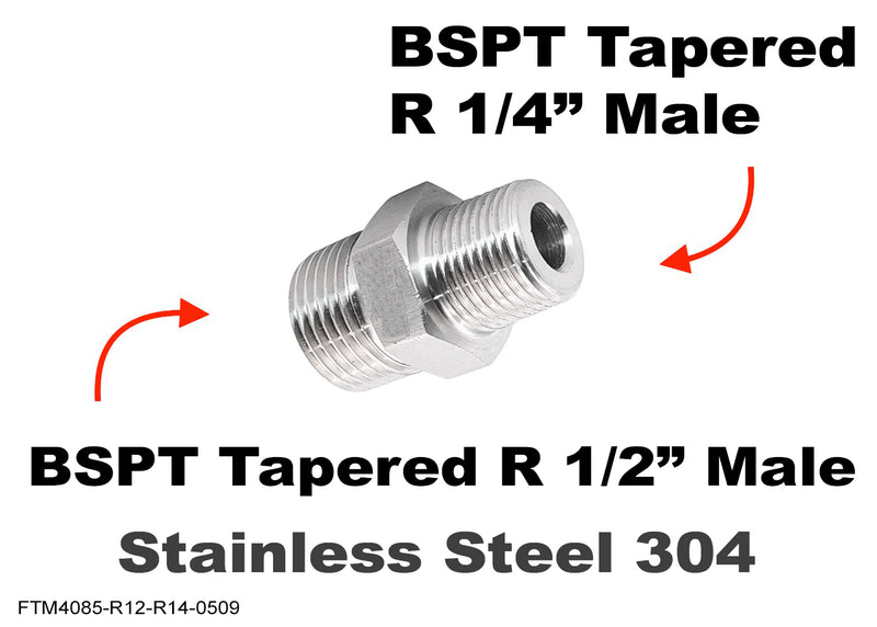 BSPT Tapered R 1/2 inch to BSPT Tapered R 1/4 inch Male Stainless Sensor Adaptor Fitting