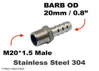 M20*1.5 MALE to BARB OD 20mm / 0.8 inch  Stainless Tail Adaptor Hose