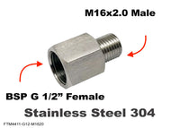 BSP G 1/2 inch FEMALE to M16x2.0 MALE Stainless Sensor Adaptor Fittings Conversion
