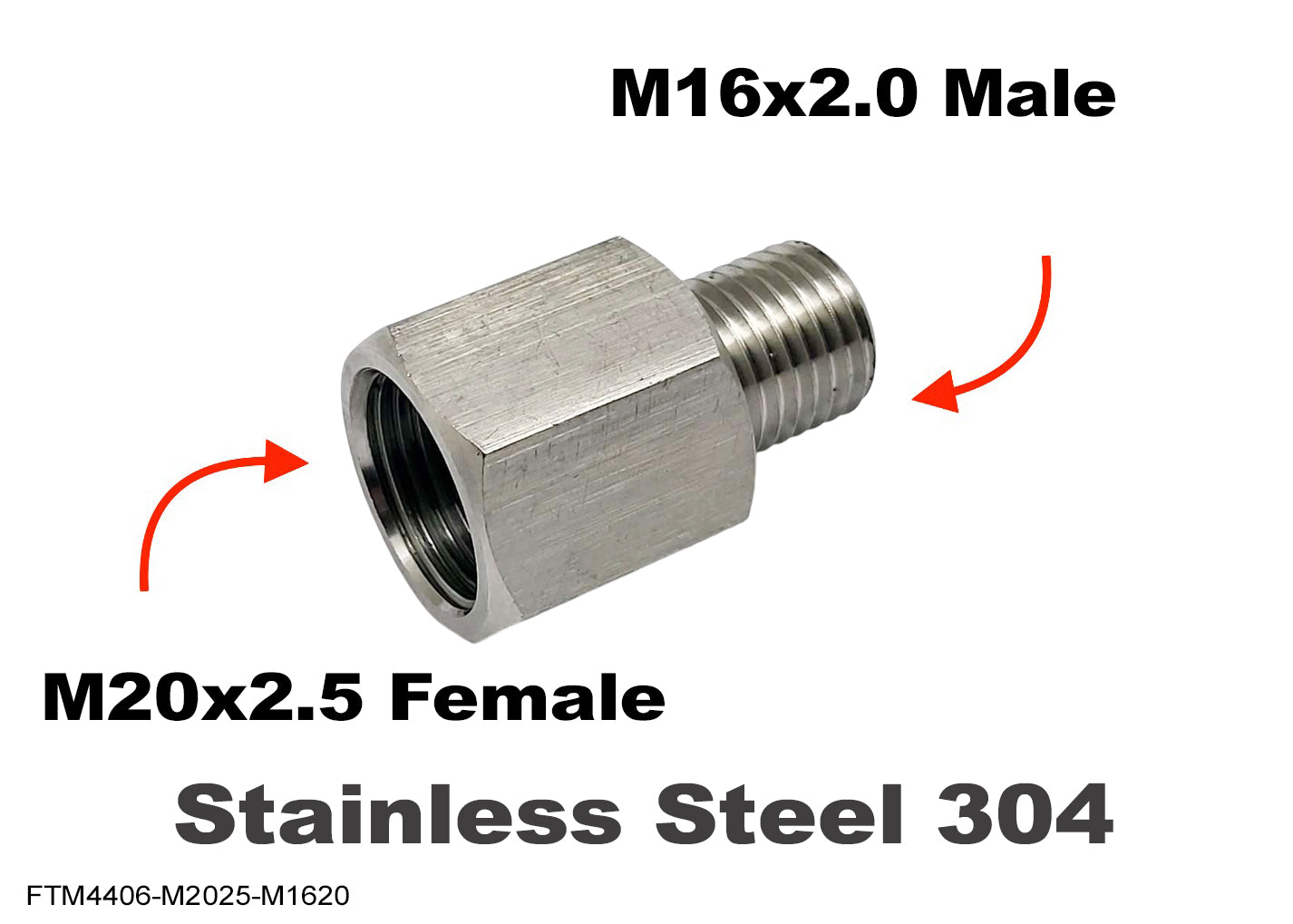 M20x2.5 FEMALE to M16x2.0 MALE Stainless Sensor Adaptor Fittings Conversion