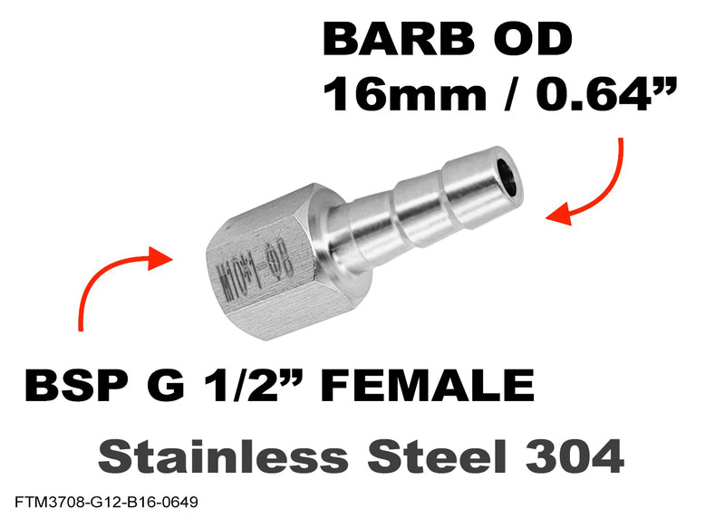 BSP G 1/2 inch FEMALE to BARB OD 16mm / 0.64 inch Stainless Tail Adaptor Hose Connector