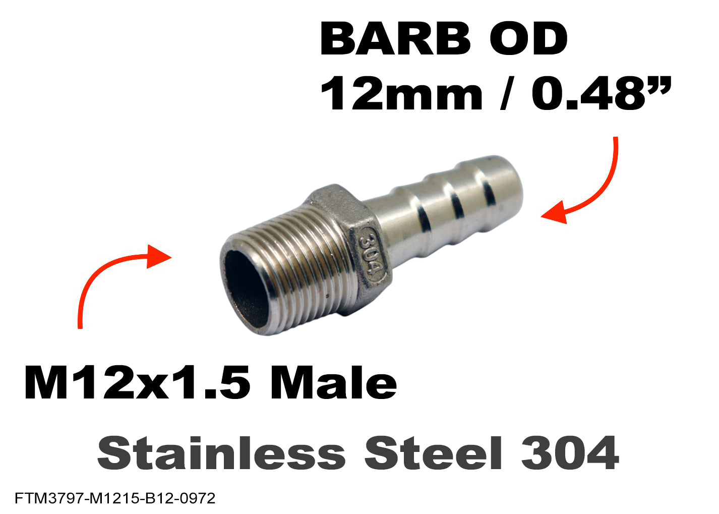 M12x1.5 Male to BARB OD 12mm / 0.48 inch Stainless Tail Adaptor Hose Connector