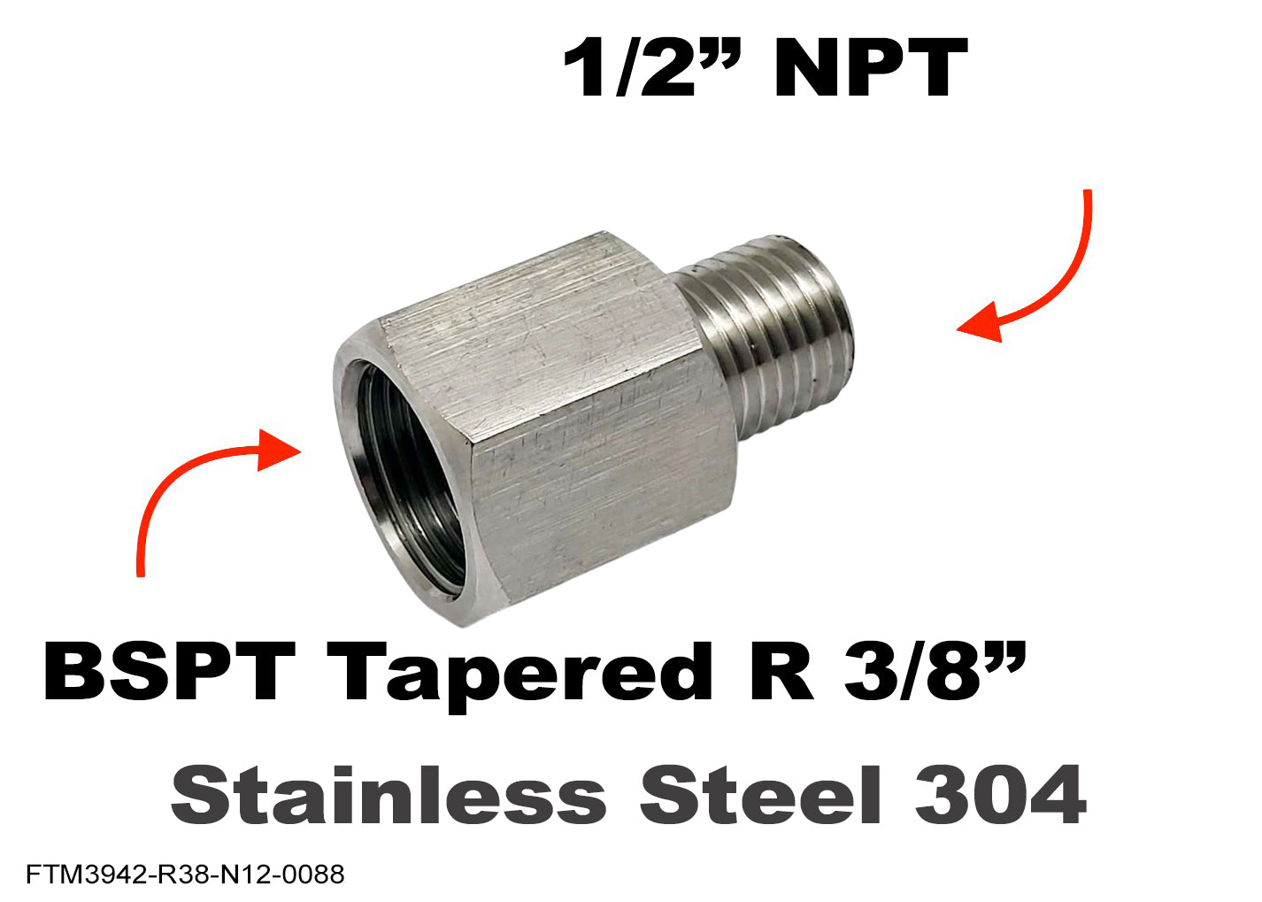 BSPT Tapered R 3/8 inch Female to 1/2 inch NPT Male Stainless Sensor Adaptor Fittings