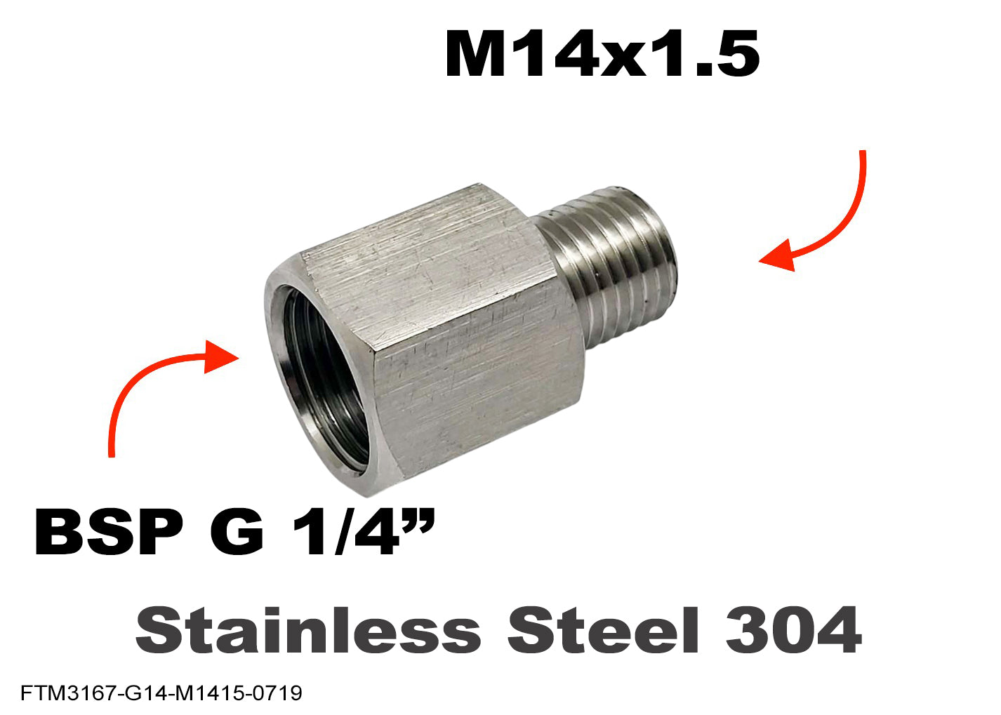 BSP G 1/4 inch Female to M14x1.5 Male Stainless Sensor Adaptor