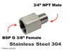 BSP G 3/8 inch FEMALE to 3/4 inch NPT MALE Stainless Sensor Adaptor Fittings Conversion