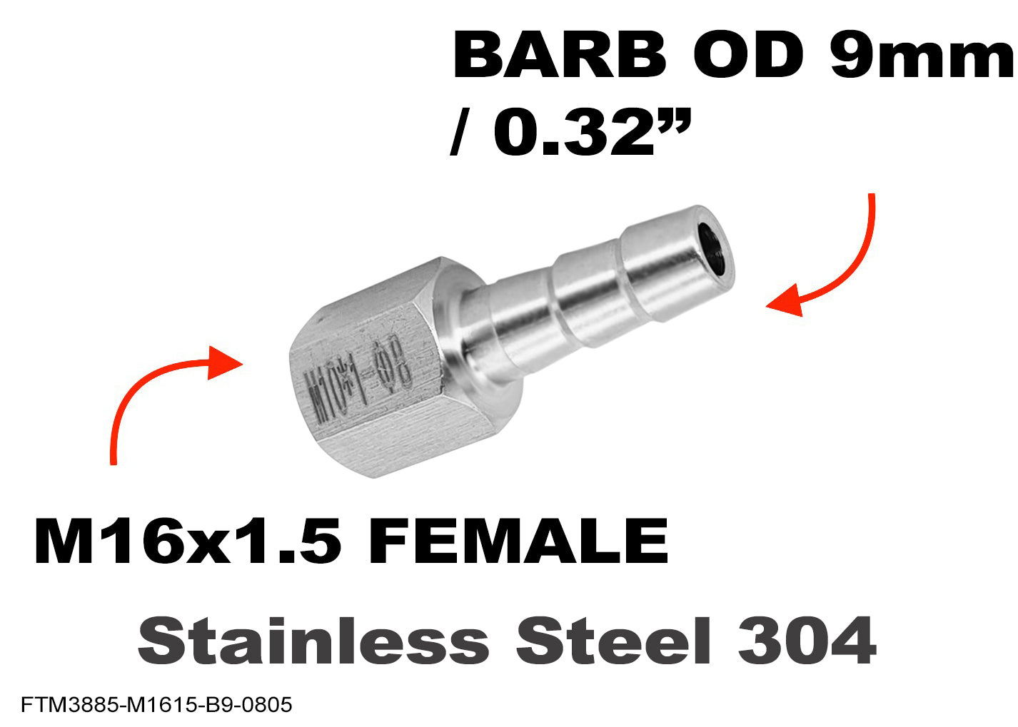 M16x1.5 FEMALE to BARB OD 9mm / 0.32 inch Stainless Tail Adaptor Hose Connector