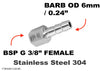 BSP G 3/8 inch FEMALE to BARB OD 6mm / 0.24 inch Stainless Tail Adaptor Hose Connector
