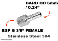 BSP G 3/8 inch FEMALE to BARB OD 6mm / 0.24 inch Stainless Tail Adaptor Hose Connector